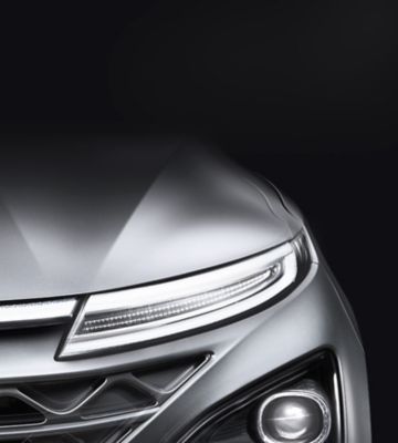 Close-up van de led horizon-standlichten en samengestelde led-koplampen van de Hyundai NEXO.