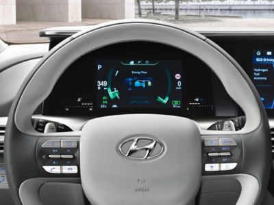 Photo showing the Hyundai Nexo interior cluster.