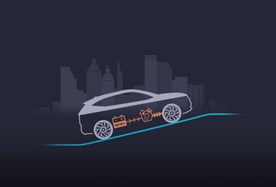 Illustratie van de nieuwe Hyundai i30 met het ‘mild hybrid’ 48V-systeem dat wordt ingeschakeld.