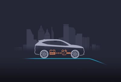 Illustratie van de nieuwe Hyundai i30 met het ‘mild hybrid’ 48V-systeem dat wordt ingeschakeld.