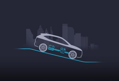 Illustratie van de nieuwe Hyundai i30 met het ‘mild hybrid’ 48V-systeem dat energie recupereert.