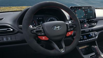 Hyundai i30 Fastback N Drive-N Limited Edition steering wheel with red stitching and Alcantara.