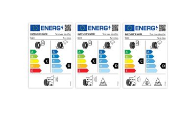 Drei Beispiele für das EU-Reifenlabel – mit Symbolen und Skalen für Kraftstoffeffizienz und Nasshaftung.