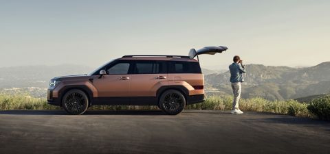 Hyundai SANTA FE estacionado en un parking rodeado de paisaje natural, un hombre hace una foto con cámara al paisaje.
