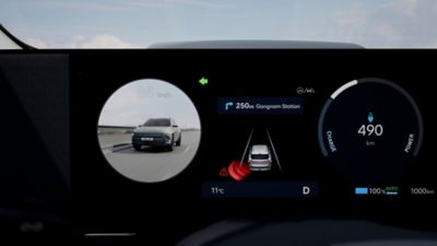 Blind-spot View Monitor perspective in the digital cluster of the Hyundai KONA Electric.