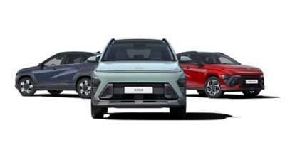 3 nieuwe Hyundai KONA-modellen samen afgebeeld: KONA Hybrid, KONA, KONA N-Line