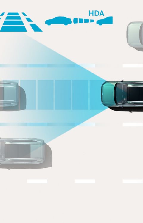 Highway Driving Assist: Hyundai IONIQ 9 maintains a safe distance and lane position on highways by monitoring surrounding traffic and assisting with speed and steering control.