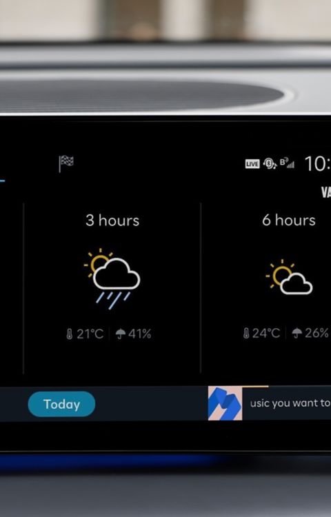 Hyundai IONIQ 9 interior display showing live weather forecast and location-based information.