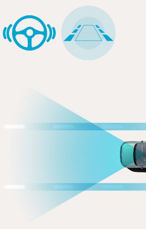 Lane Following Assist: Overhead view of a Hyundai IONIQ 9 maintaining its position within lane markings as forward sensors monitor the road.