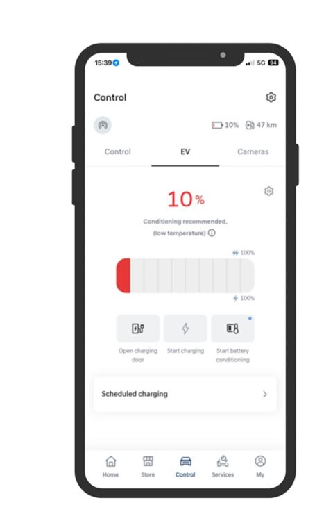 Smartphone screen showing an electric vehicle app with battery level at 10%, charging options, and scheduled charging controls.