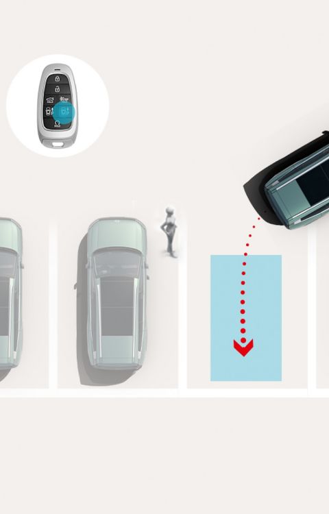 Remote Smart Parking Assist 2: Hyundai IONIQ 9 parks itself into a marked space via remote control while a pedestrian stands nearby.