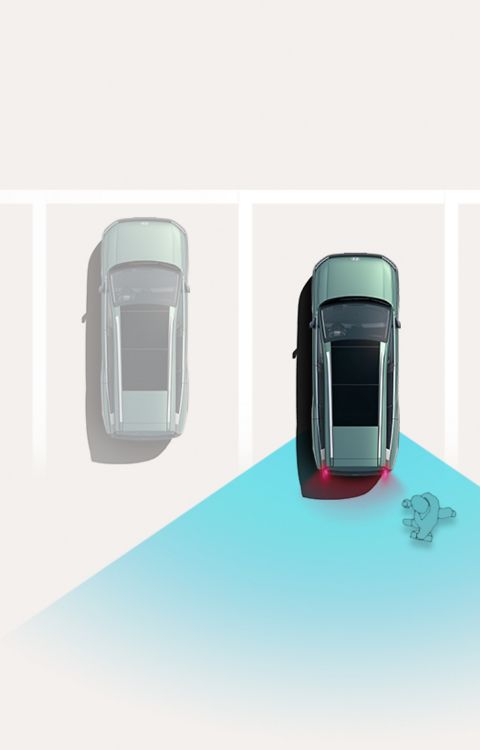 Reverse Parking Collision-Avoidance Assist: Overhead view of a Hyundai IONIQ 9 reversing into a parking space while sensors detect an obstacle behind the vehicle.
