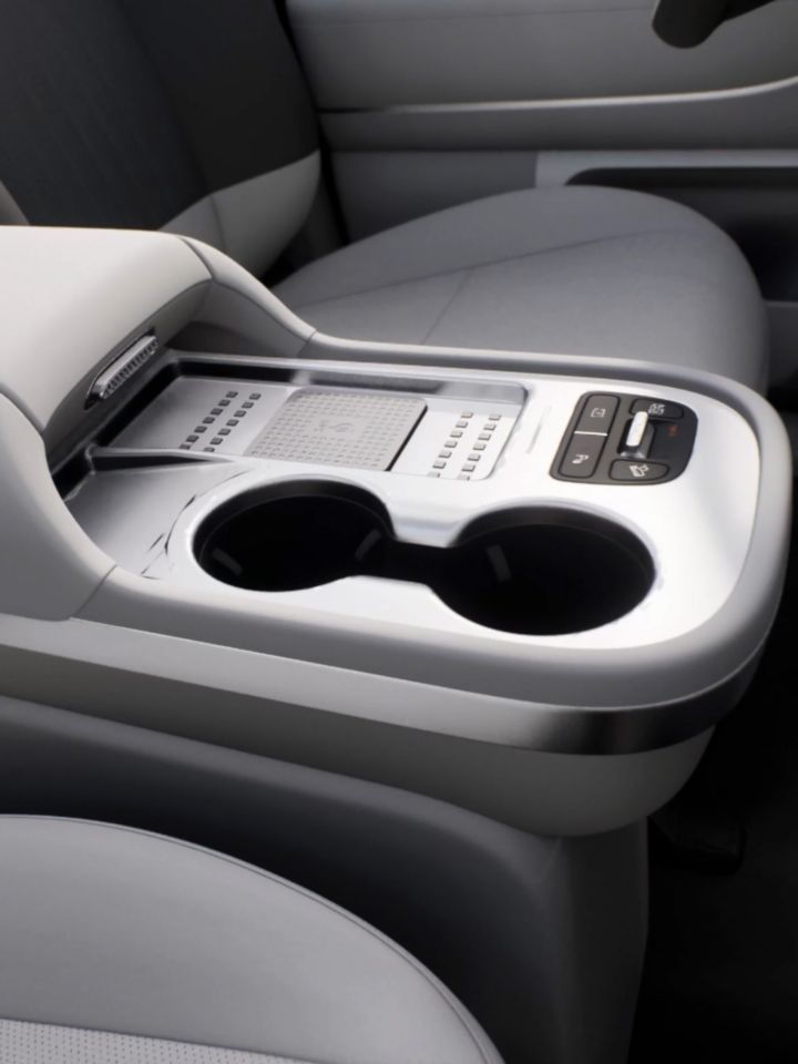 Hyundai IONIQ 9 center console with cup holders and control buttons