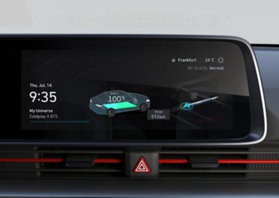L'écran tactile d'infodivertissement de 12,3 pouces à l'intérieur de la Hyundai IONIQ 6 affichant le niveau de charge et l'autonomie.