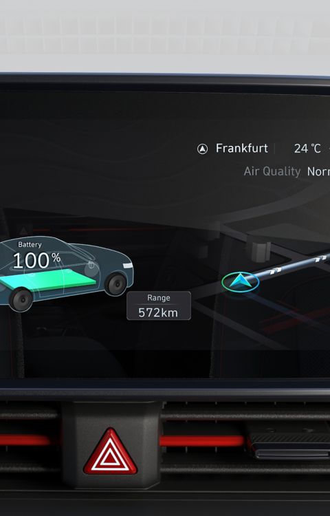 The 12.3" infotainment touchscreen inside the Hyundai IONIQ 6 showing charge level and driving range.