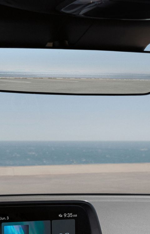 The frameless rear view mirror inside the new Hyundai IONIQ 6 electric sedan.