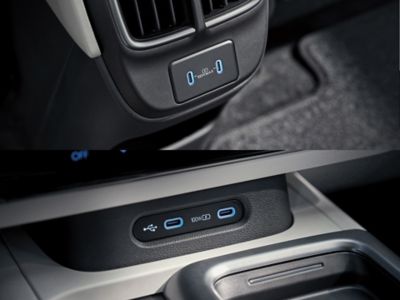 Ports USB-C dans les première et deuxième rangées de la Hyundai IONIQ 6.