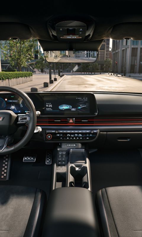 The sporty interior of the new Hyundai IONIQ 6 N Line seen from the rear seats.