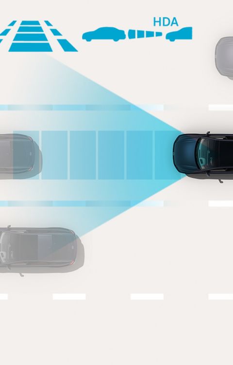 Highway Driving Assist: Hyundai IONIQ 6 maintains a safe distance and lane position on highways by monitoring surrounding traffic and assisting with speed and steering control.