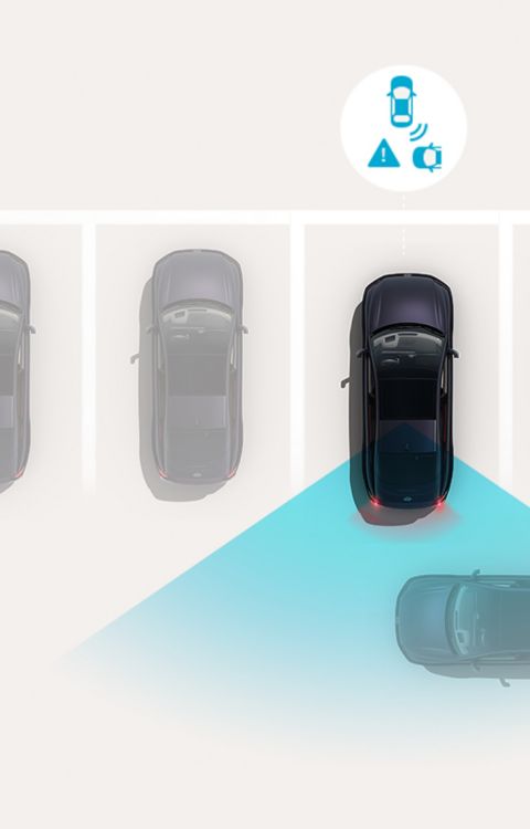 Rear Cross-Traffic Collision-Avoidance Assist: Hyundai IONIQ 6 brakes while reversing as sensors detect an approaching vehicle.